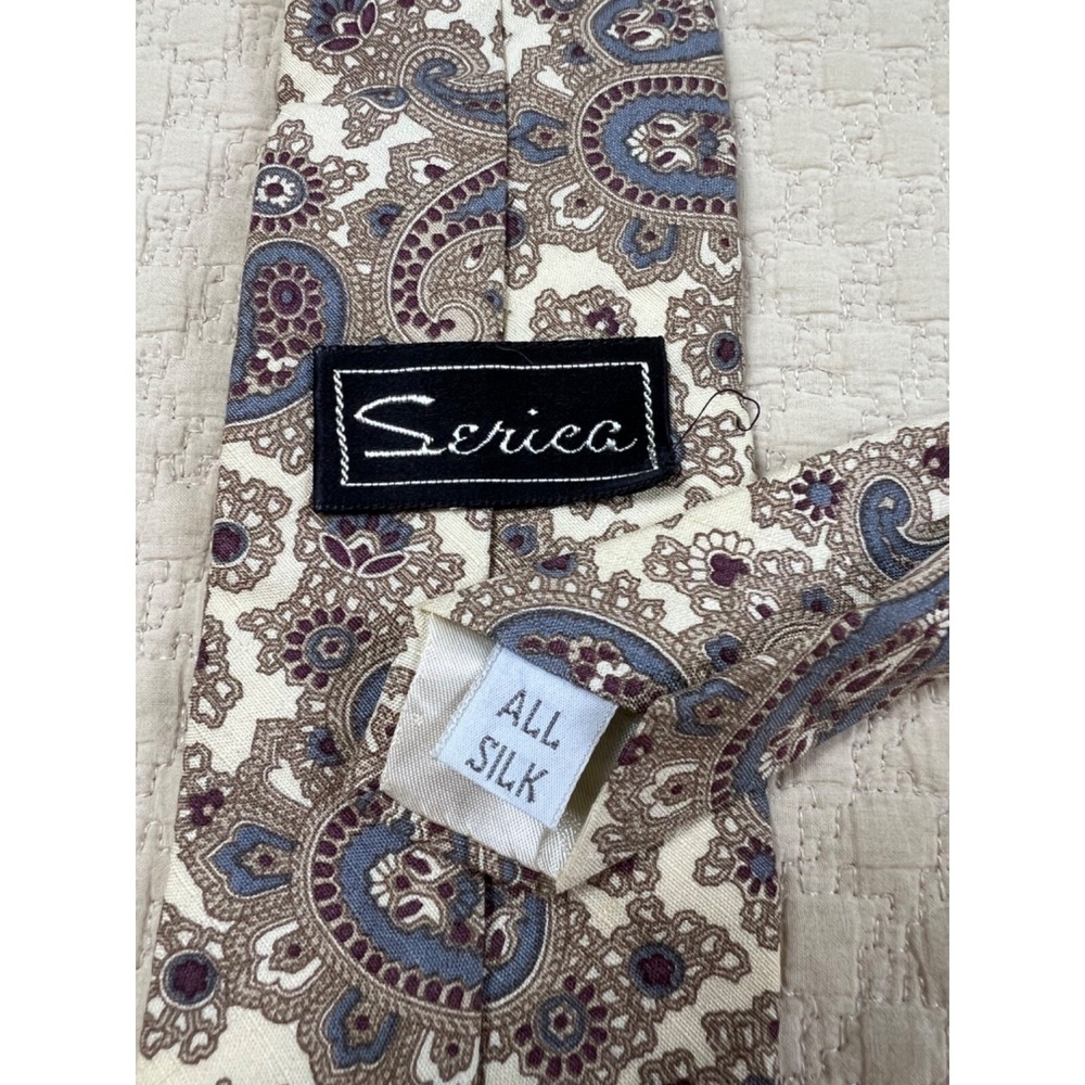 Serica Paisley Silk‎ Tie 1970s 1980s | Cream Brown Blue | 56"L 3"W